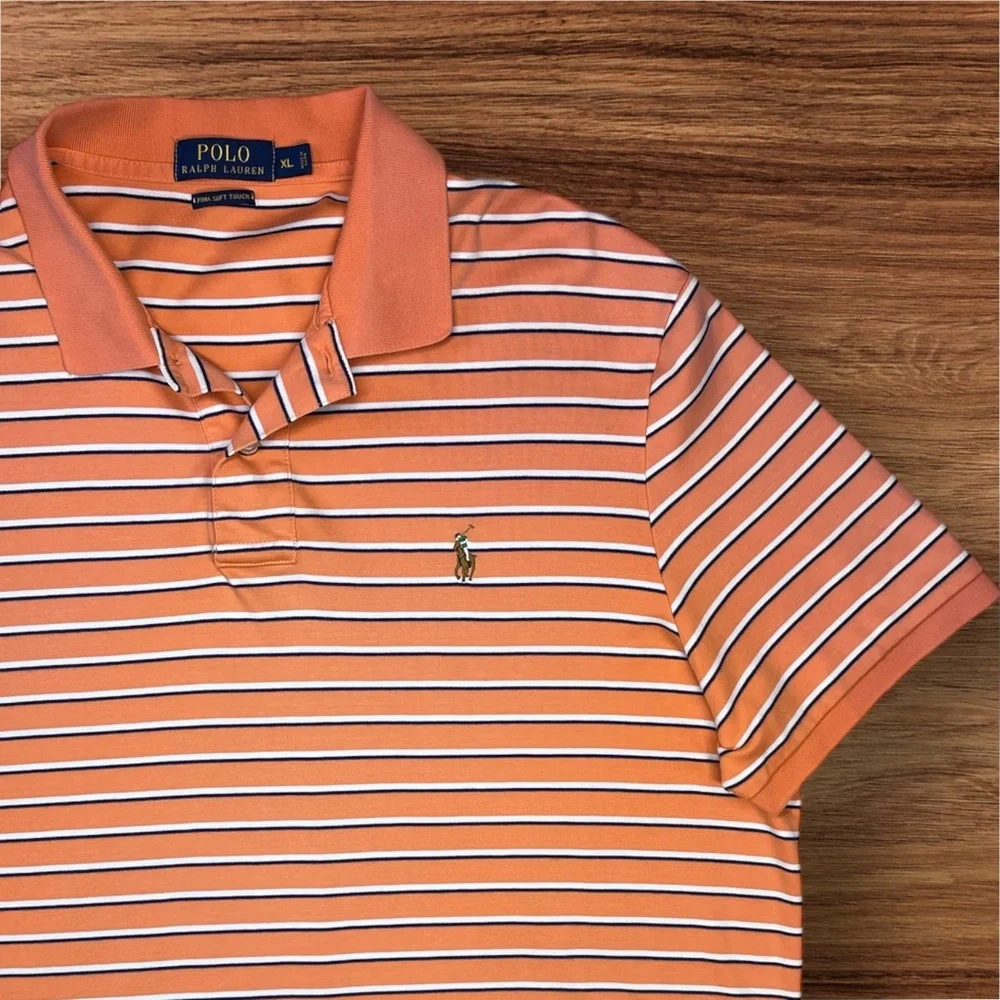 Polo Ralph Lauren Men’s Pima Soft Touch Orange w/ White & Blue Stripes Polo. XL.